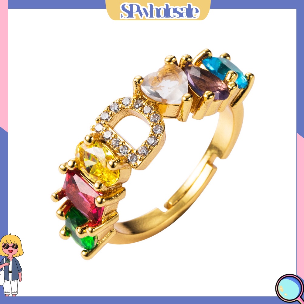 &lt;SPwholesale&gt; Nhẫn Hở Khắc Chữ Đính Đá Zircon Màu Cầu Vồng Có Thể Điều Chỉnh