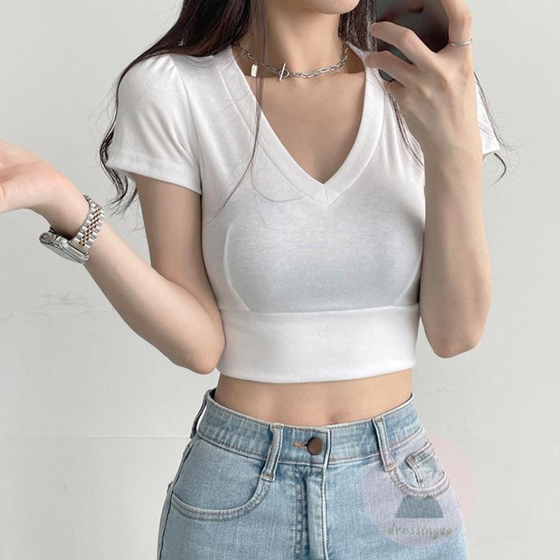 Áo Thun Tay Ngắn Phồng Cổ Chữ V Màu Sắc Đơn Giản Dành Cho Nữ