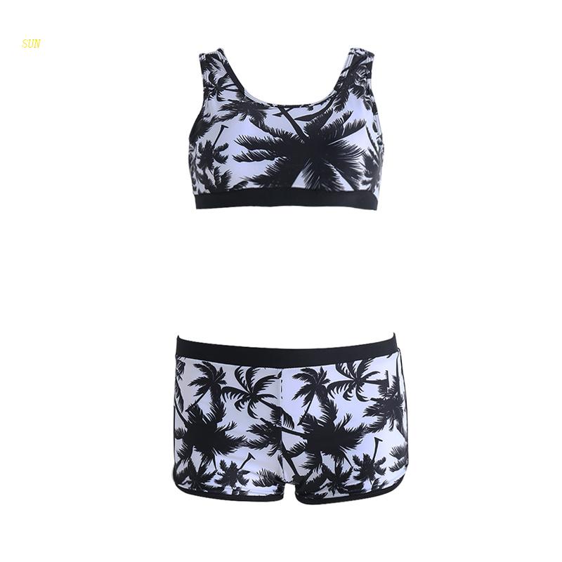 Bộ Đồ Bơi 2 Mảnh Gồm Áo Croptop Và Quần Short In Họa Tiết Cây Dừa Nhiệt Đới Quyến Rũ Cho Nữ