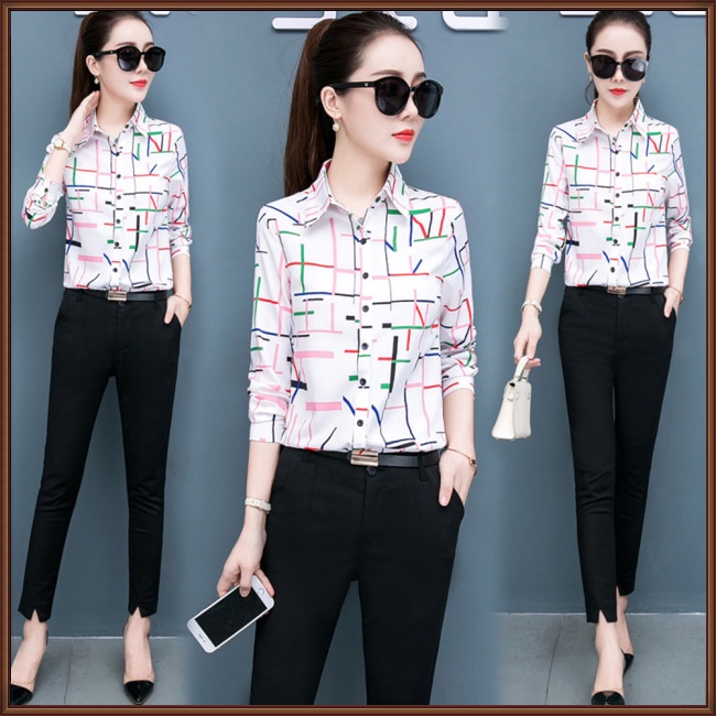 Áo Sơ Mi Chiffon Dài Tay Họa Tiết Kẻ Sọc Thời Trang Cho Nữ