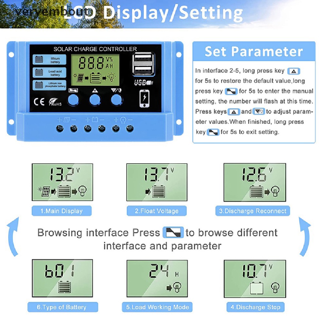 Bộ Điều Khiển Sạc Năng Lượng Mặt Trời Tự Động 30A 20A 10A 12V 24V Có Màn Hình LCD