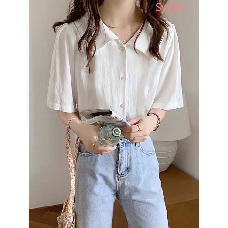 Áo Sơ Mi Trắng Tay Ngắn Cổ Chữ V Phong Cách Hàn Quốc Cho Nữ