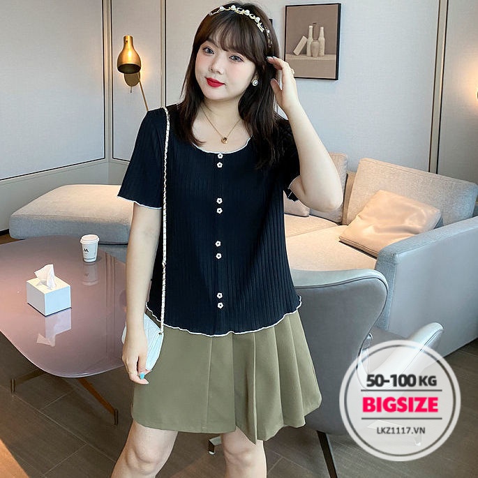 Sét bộ đồ nữ Bigsize Áo thun dáng suông dệt kim tay ngắn kết hợp chân váy xếp ly tennis ngắn lưng cao cạp cao chữ a mùa hè Phong cách Hàn Quốc Thời Trang đi Chơi sang chảnh cá tính cho người mập béo