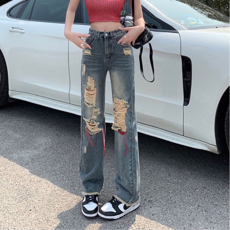 COZOKC Quần Jeans Skinny Lưng Cao Phối Rách Phong Cách Vintage