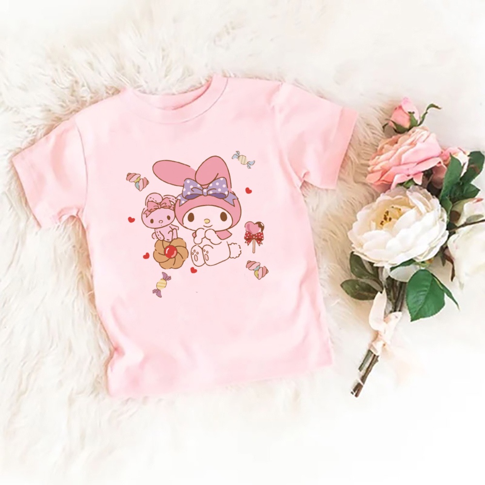 Dễ Thương Kuromi Giai Điệu Bé Gái Áo Thun Tay Ngắn Hoạt Hình Mùa Hè Mới Hoạt Hình Ngọt Ngào Thường Ngày Quần Áo Trẻ Em