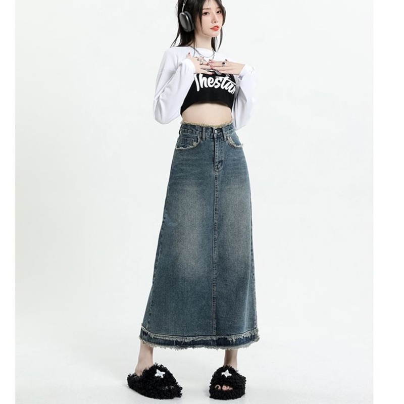 Chân Váy Denim Dáng Chữ a Lưng RENJIANVSHENG Cao Phong Cách Hàn Quốc