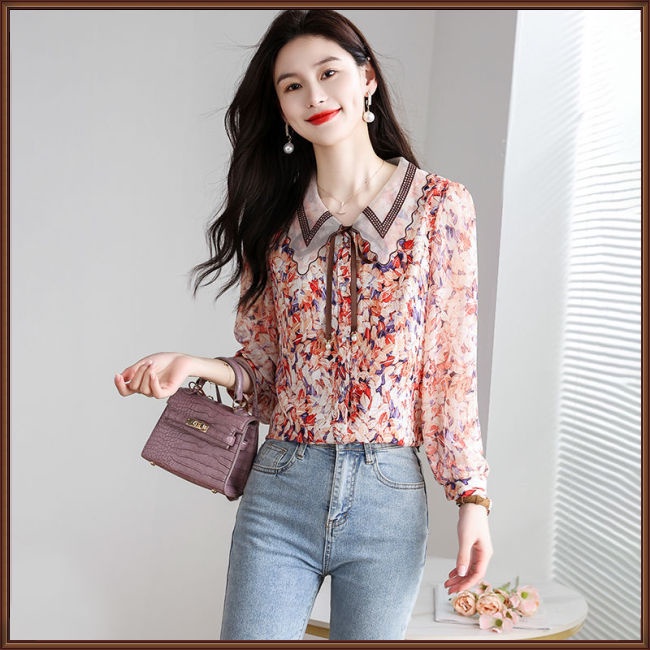 Áo Sơ Mi Chiffon Tay Dài Dáng Rộng In Họa Tiết Hoa Thanh Lịch Thời Trang Cho Nữ