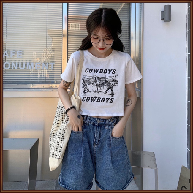 Áo Croptop Tay Ngắn Cổ Tròn In Chữ Thời Trang Cho Nữ