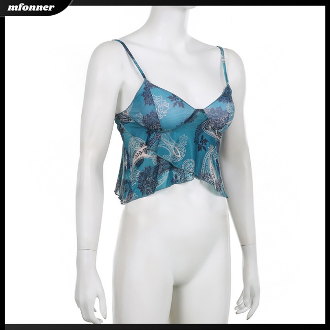 Áo Tank Top Cổ Chữ V Phối Lưới In Họa Tiết Phong Cách Retro Gợi Cảm Cho Nữ