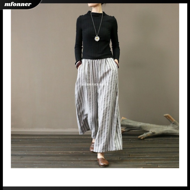 Quần Cotton Lanh Ống Rộng Thoáng Khí Họa Tiết Kẻ Sọc Hợp Thời Trang Cho Nữ