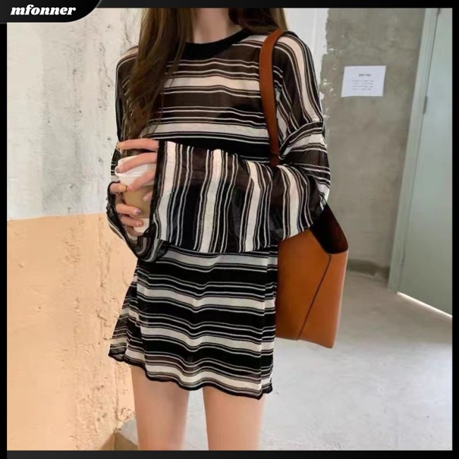 Áo Sweater Dệt Kim Dáng Rộng Cổ Tròn Họa Tiết Kẻ Sọc Thời Trang Cho Nữ