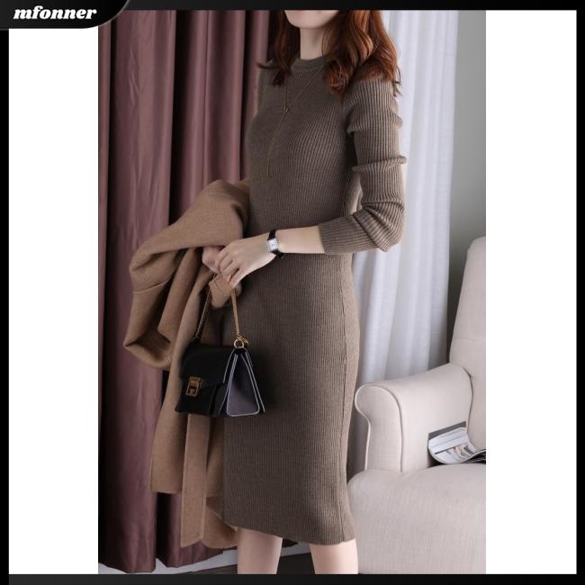 Đầm Dệt Kim Tay Dài Cổ Tròn Màu Trơn Thời Trang Dành Cho Nữ