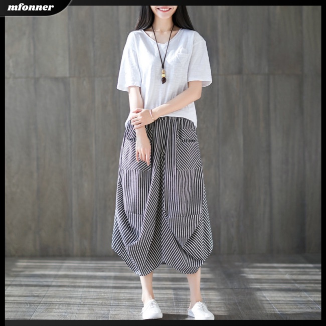 Chân Váy Cotton Lanh Dáng Suông Kẻ Sọc Lưng Thun Có Túi Cho Nữ