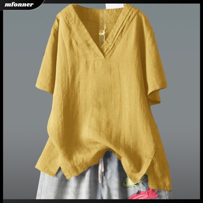 Áo Sơ Mi Cotton Lanh Tay Ngắn Dáng Rộng Cổ Chữ V Nhiều Màu Sắc Thời Trang Mùa Hè Cho Nữ