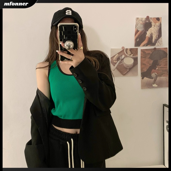 Áo Croptop Dệt Kim Sát Nách Cổ Tròn Màu Sắc Tương Phản Ôm Dáng Gợi Cảm Cho Nữ