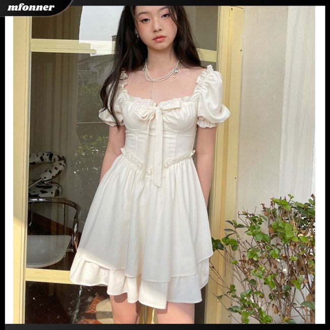 Đầm Dáng Chữ A Cổ Vuông Tay Phồng Màu Sắc Đơn Giản Cho Nữ