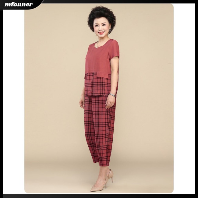 Bộ Trang Phục Thể Thao 2 Mảnh Gồm Áo Thun Tay Ngắn Cổ Tròn In Họa Tiết Caro + Quần Dài Thời Trang Cho Nữ