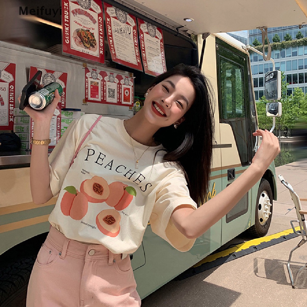 Áo Thun Tay Ngắn Cổ Tròn Dáng Rộng In Hình Quả Đào Thời Trang Mùa Hè Cho Nữ