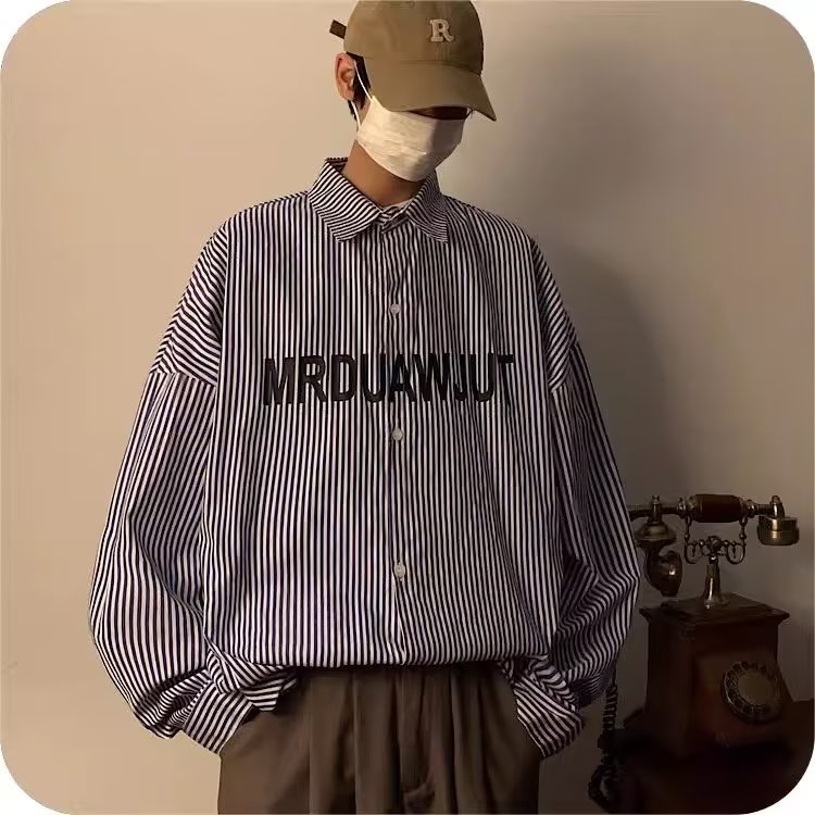 Áo Khoác Sơ Mi Nam Dài Tay Dáng Rộng Họa Tiết Sọc Dọc