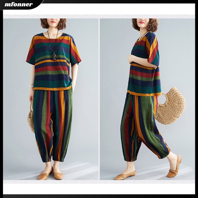 Bộ Trang Phục 2 Mảnh Gồm Áo Tay Ngắn Kẻ Sọc + Quần Harem Thân Thiện Với Da Cổ Tròn Thời Trang