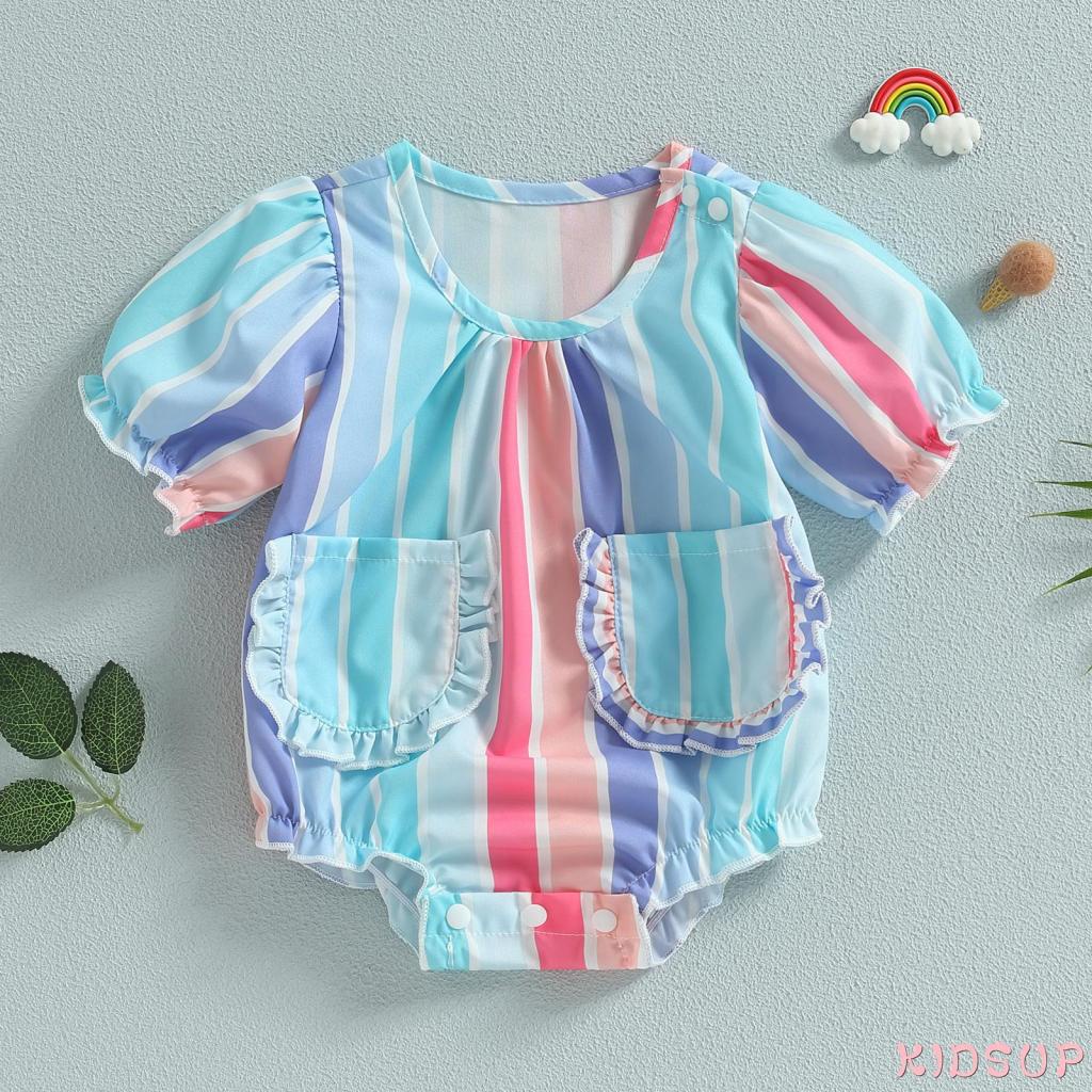 Bộ Áo Liền Quần Cổ Tròn Tay Ngắn Phối 2 Túi Thời Trang Mùa Hè Cho Bé Gái 1 Tuổi