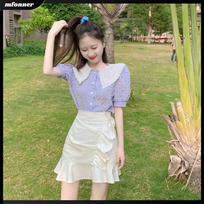 Áo Sơ Mi Cotton Tay Phồng Ngắn Cổ Búp Bê Phong Cách Retro Pháp Cho Nữ
