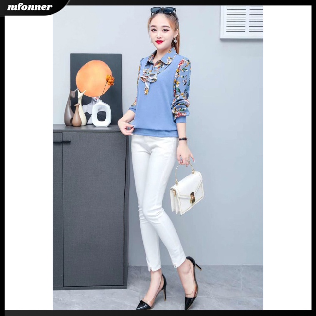 Áo Thun Dài Tay In Hoa Phối Nơ Thời Trang Nữ Tính