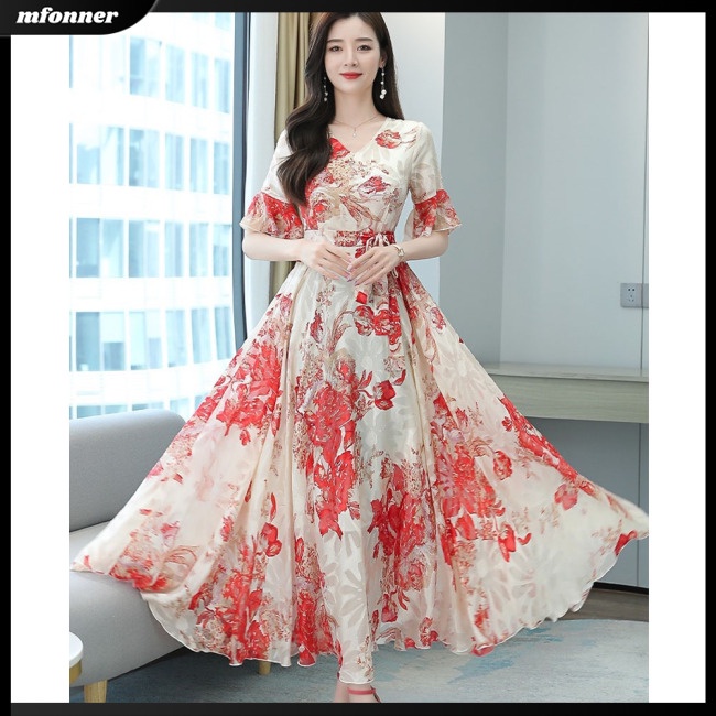 Đầm Tay Ngắn Cổ Chữ V Ôm Eo Thoáng Khí In Họa Tiết Hoa Phong Cách Phương Tây Thời Trang Mùa Xuân Cho Nữ