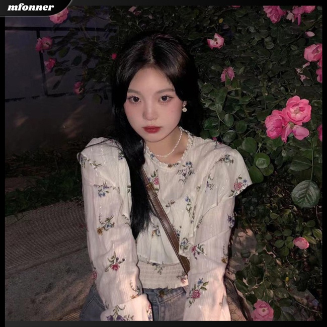 Áo Croptop Tay Dài Cổ Tròn In Họa Tiết Hoa Phong Cách Retro Dành Cho Nữ