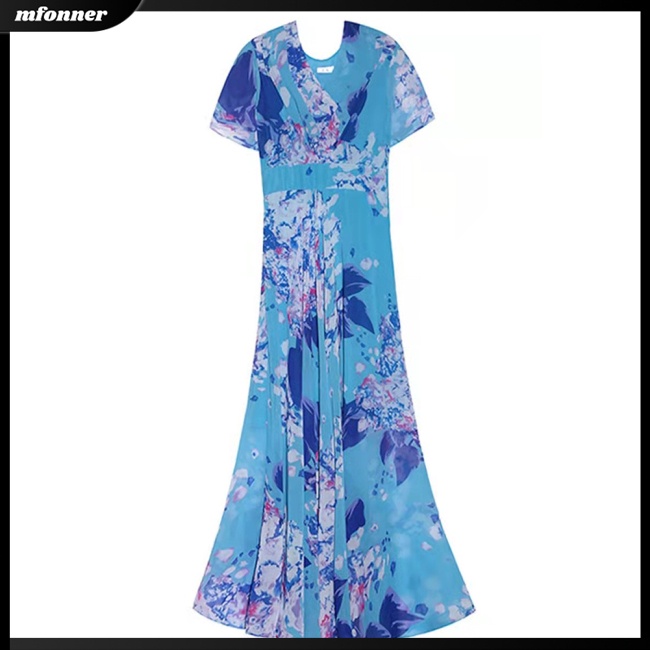 Đầm Hoa Tay Ngắn Cổ Chữ V Dáng Chữ A Lưng Cao Thời Trang Cho Nữ