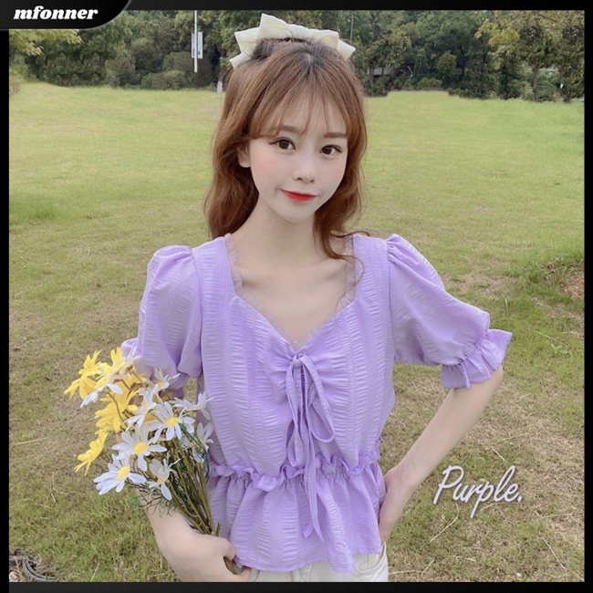 Áo Kiểu Tay Phồng Cổ Chữ V Màu Sắc Ngọt Ngào Nữ Tính