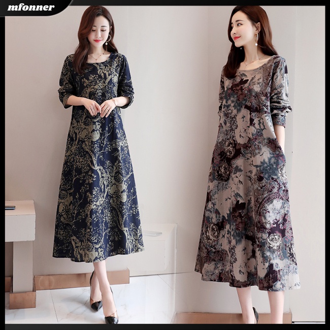 Đầm Tay Dài Dáng Rộng Chiết Eo In Họa Tiết Xinh Xắn Thời Trang Cho Nữ