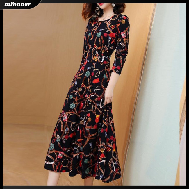 Đầm Dài Tay Cổ Tròn Họa Tiết Hoa Thời Trang Cho Nữ