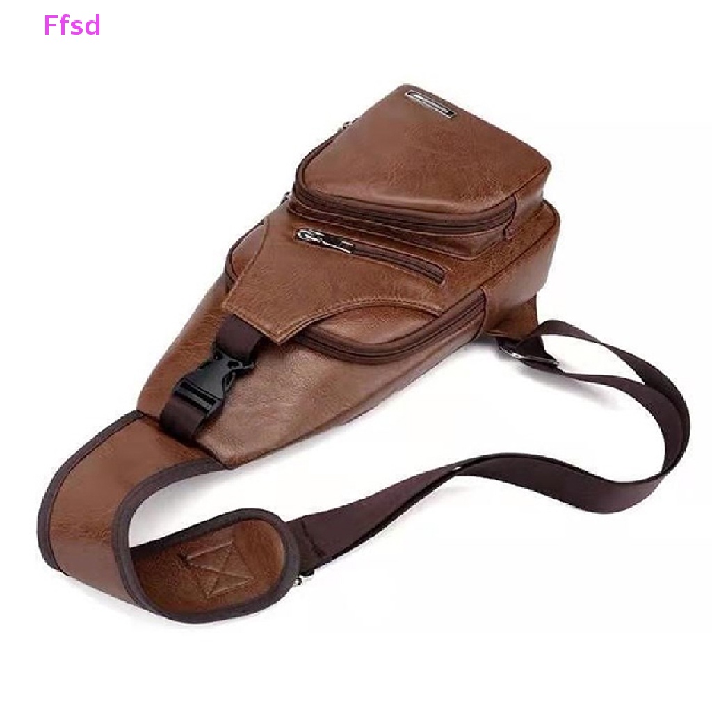 Túi Đeo Chéo Ngực Bằng Da Pu Chống Thấm Nước Có Lỗ Sạc USB Tiện Dụng Cho Nam