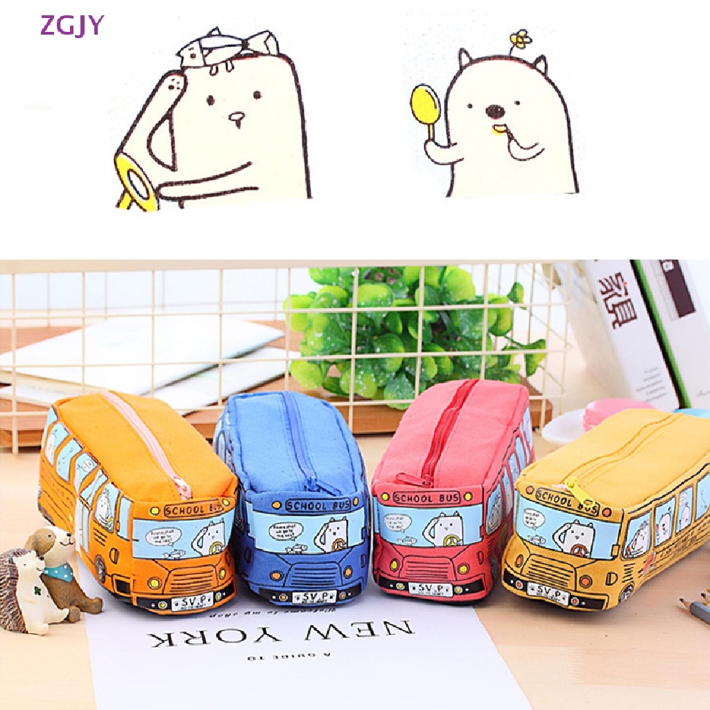 Túi Đựng Bút Bằng Vải Canvas In Hình Xe Bus Hoạt Hình Dễ Thương Mới
