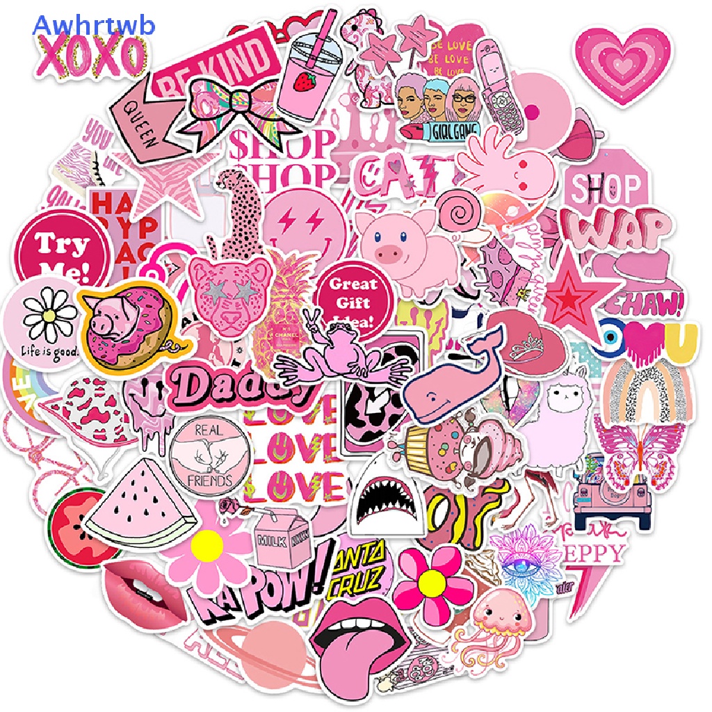 Set 100 Miếng Dán Hành Lý Màu Hồng Vẽ Hoạt Hình Graffiti Cho Nữ Mới