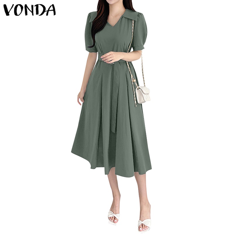 Đầm dài VONDA dáng chữ X tay ngắn phồng cổ bẻ phối thắt lưng kiểu Hàn Quốc thời trang cho bạn gái