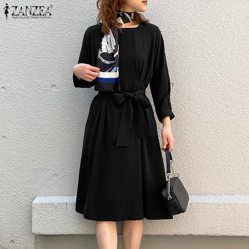 Zanzea Đầm Dài Tay Cổ Vuông Eo Cao Xếp Ly Có Túi Kèm Thắt Lưng Thời Trang Cho Nữ