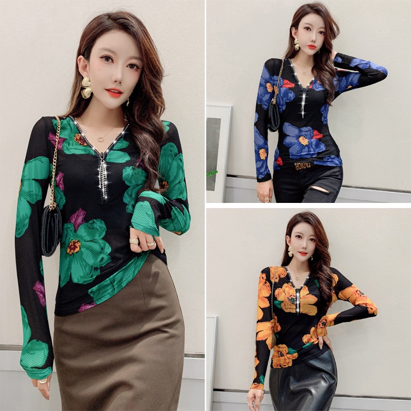 Áo Thun Tay Dài Cổ Chữ V Có Khóa Kéo In Họa Tiết Thời Trang Mùa Thu Cho Nữ áo lưới dài tay áo thun dài tay nữ