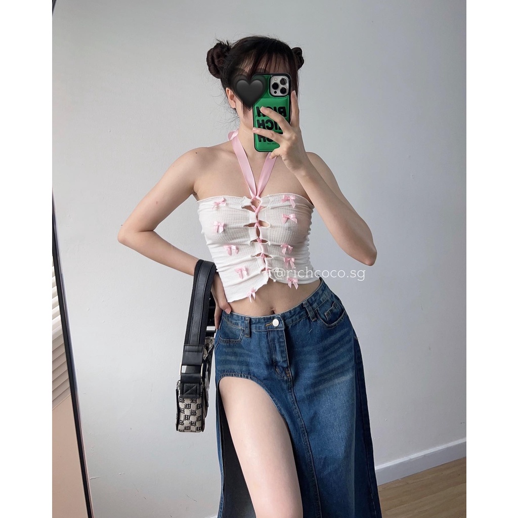 Áo ống thun TRẮNG nơ hồng