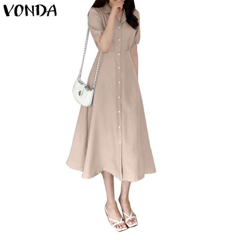 Đầm chữ X VONDA tay ngắn phồng màu trơn thời trang Hàn Quốc cho nữ