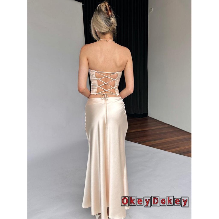 Bộ Áo Ống Hở Lưng Buộc Dây + Chân Váy Dài Eo Thấp Thời Trang Cho Nữ