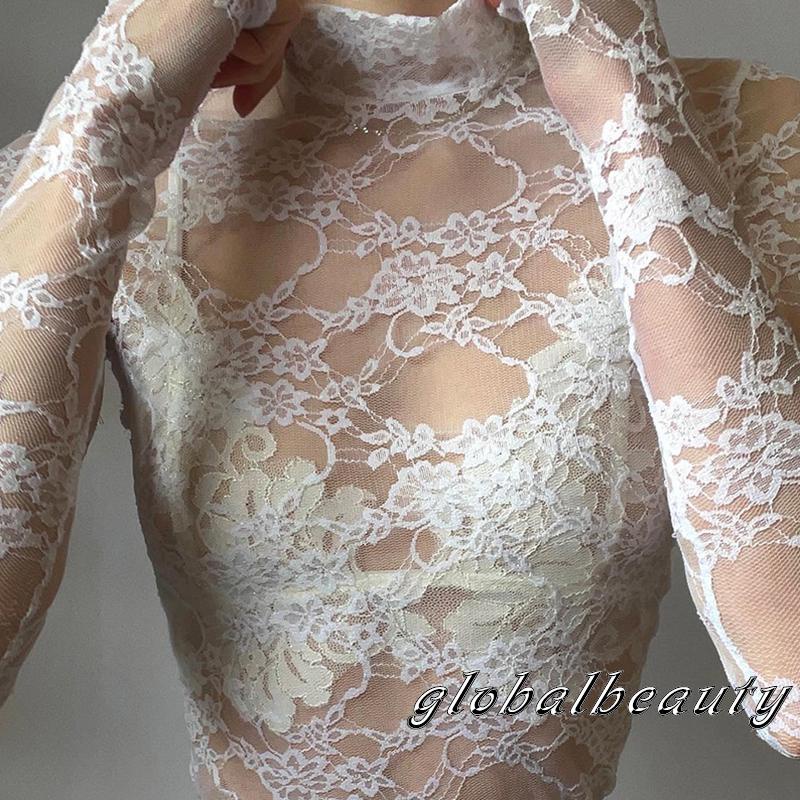 Áo Thun Dài Tay Cổ Cao Phối Ren Hoa Xuyên Thấu Gợi Cảm Cho Nữ