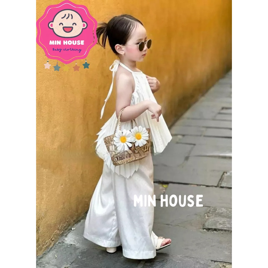 (10-20kg) Set 2 chi tiết áo dập ly cổ yếm phối quần lụa satin sang chảnh cho bé diện hè, đi học, đi chơi