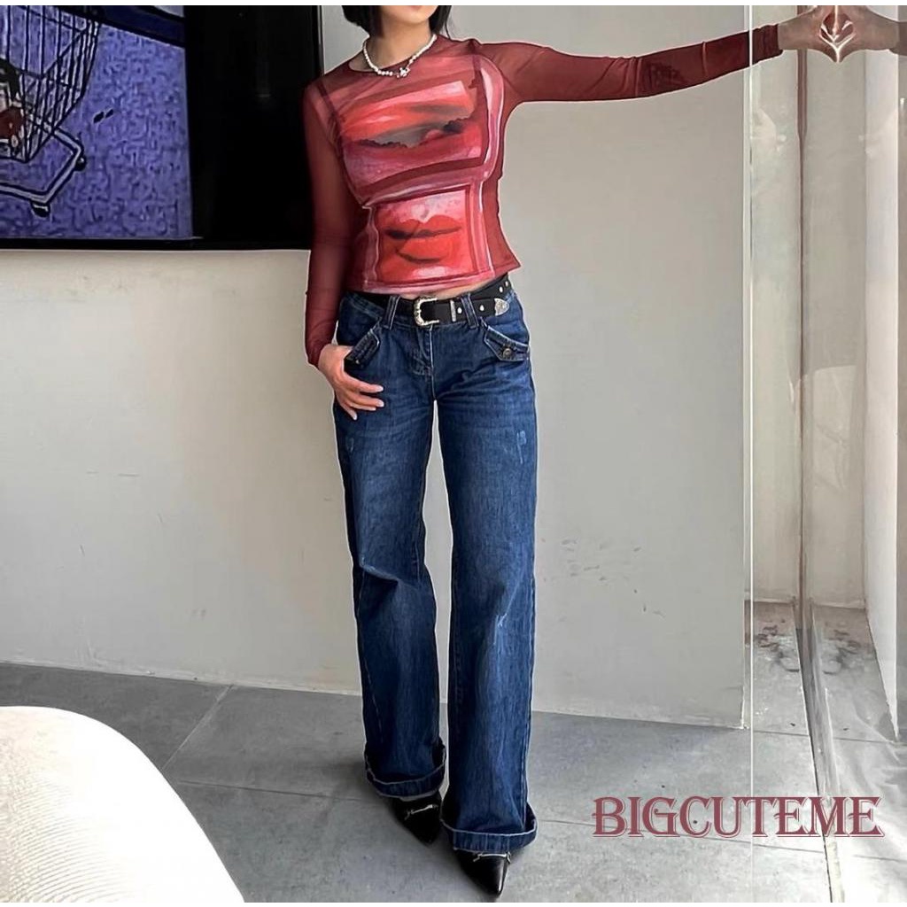 [] Áo Crop Top Lưới Mỏng Tay Dài Xuyên Thấu Cổ Tròn In Họa Tiết Vintage Ôm Dáng Phong Cách Đường Phố Mùa Xuân Cho Nữ