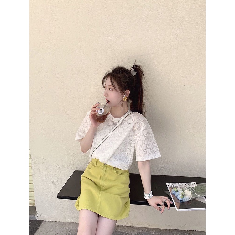 Áo Thun Ngắn Tay Dáng Rộng Thêu Họa Tiết Kẻ Ô Phối Ren Thời Trang Mùa Hè Mới Cho