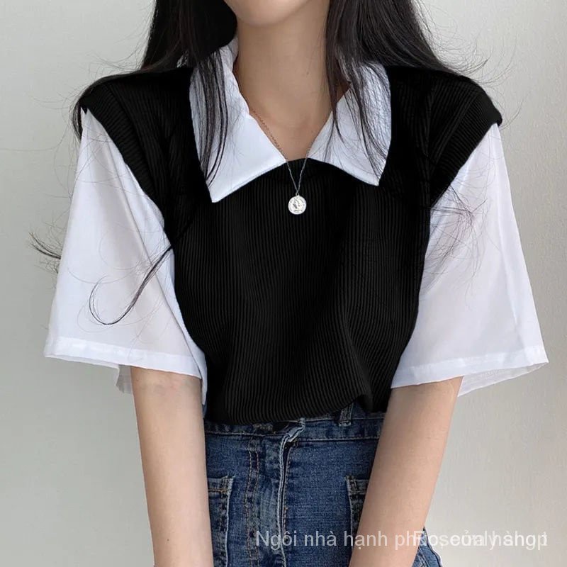 Áo Thun polo Ngắn Tay Giả Hai Lớp Phong Cách preppy Thường Ngày Dành Cho Nữ