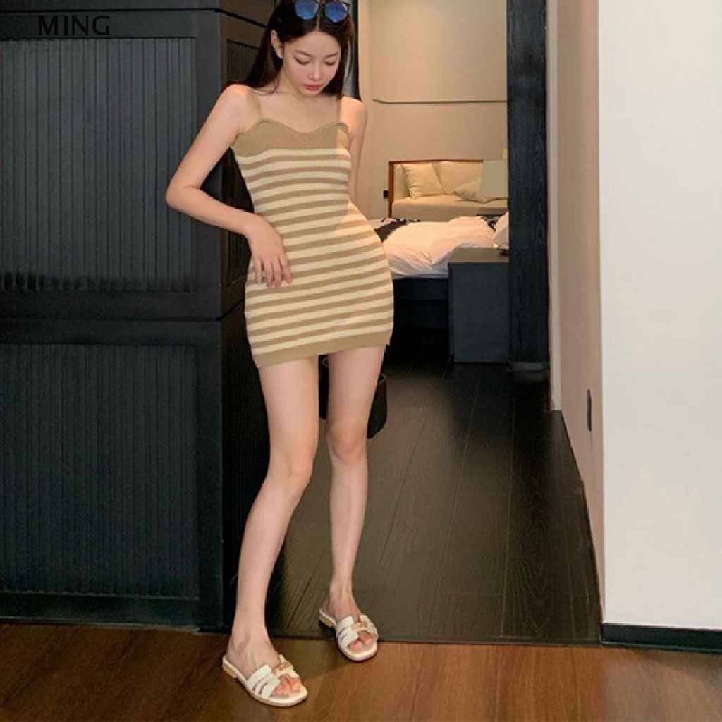 Đầm Dệt Kim Hai Dây Cổ Chữ V Họa Tiết Kẻ Sọc Gợi Cảm Cho Nữ