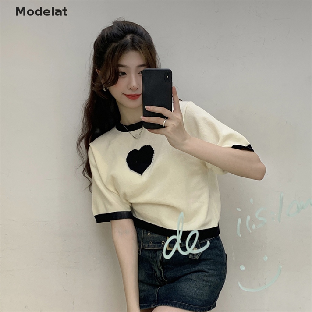 Áo Thun Croptop Dệt Kim Tay Ngắn Cổ Tròn Dáng Rộng In Hình Trái Tim Thời Trang Mùa Hè Cho Nữ
