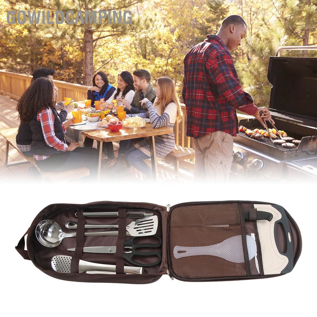 GoWildCamping 8 Chiếc Cắm Trại Nấu Ăn Di Động Thép Không Gỉ Ngoài Trời Nồi Đồ Nhà Bếp Bộ Dao Kéo BBQ Dụng Cụ